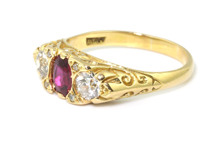 Ruby & Diamond 3 Stone Ring 18ct gold size Q
