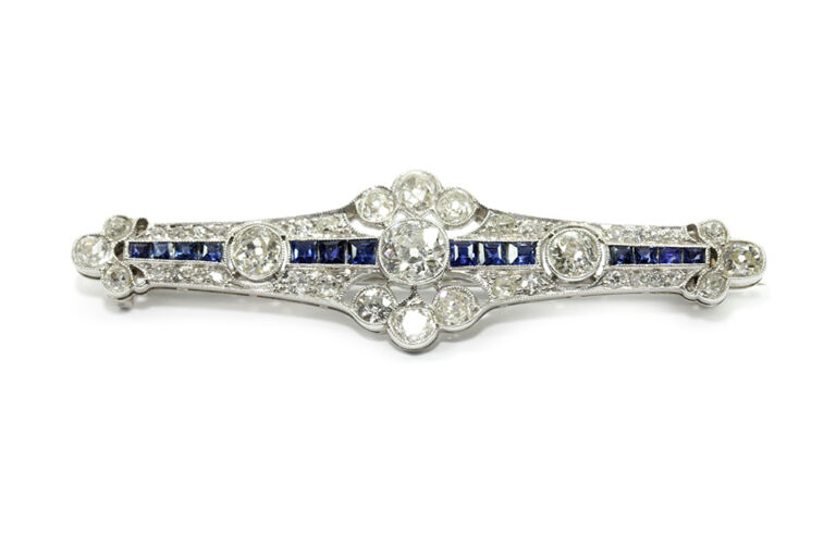 Edwardian Blue Sapphire & Diamond Brooch platinum