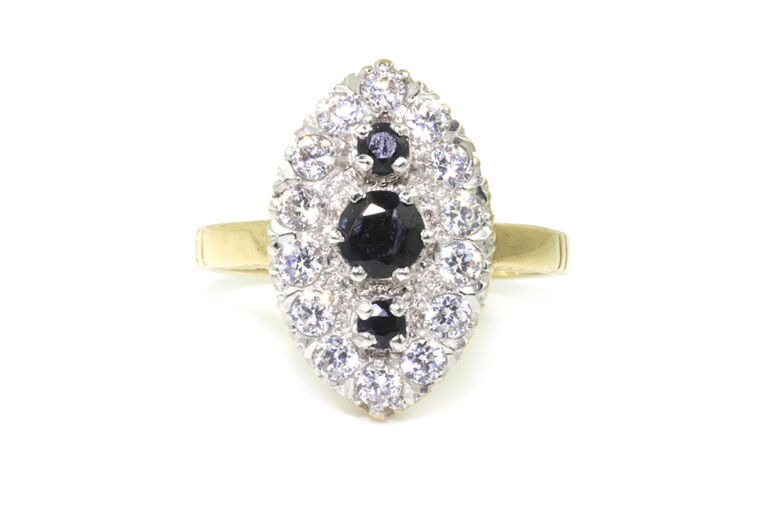 Blue Sapphire & CZ Cluster Ring 9ct gold Size O