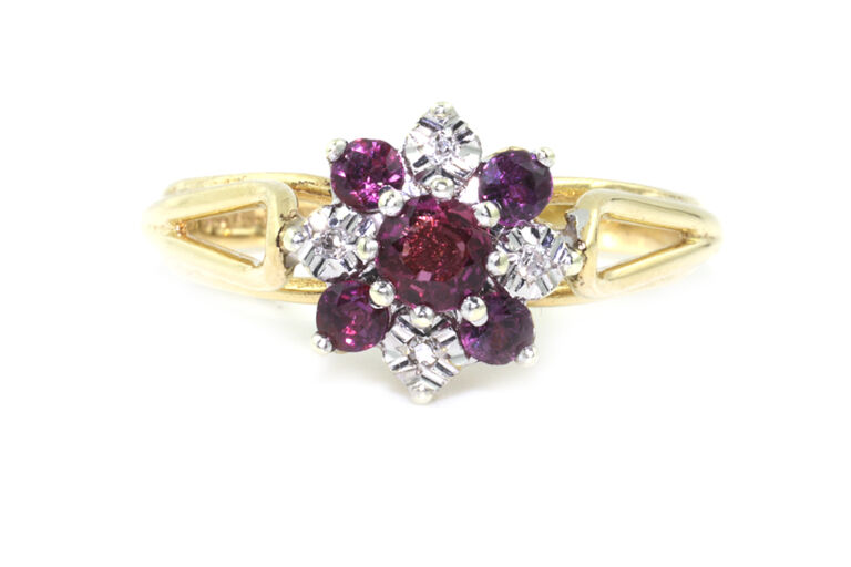 Ruby & Diamond Cluster Ring 9ct gold Size N