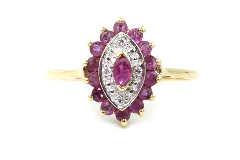 Ruby & Diamond Cluster Ring 9ct gold Size M