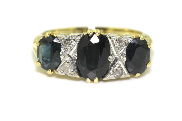 Blue Sapphire & Diamond 7 Stone Band Ring 9ct gold Size M