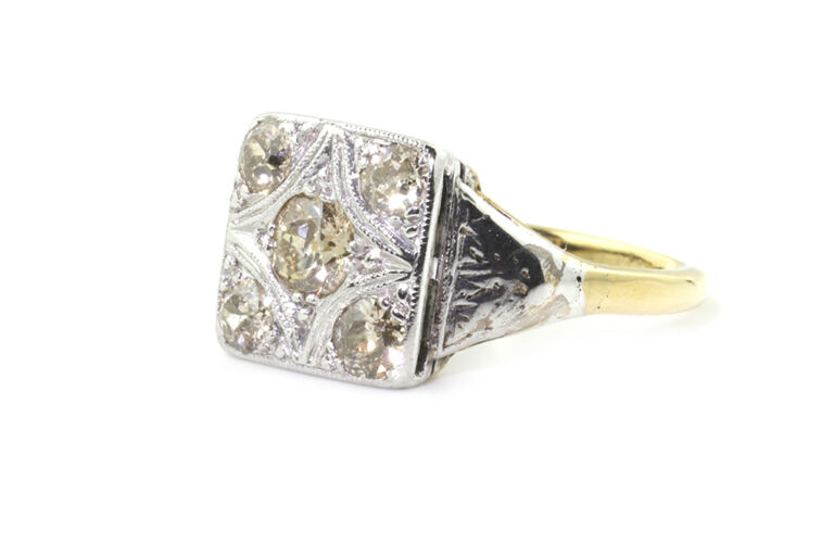 Edwardian Cognac Diamond 5 Stone Ring 18ct gold & Platinum Size J