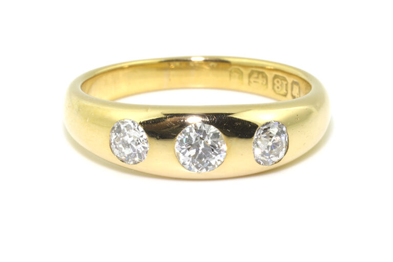 Antique Diamond 3 Stone Band Ring 18ct yellow gold Size O