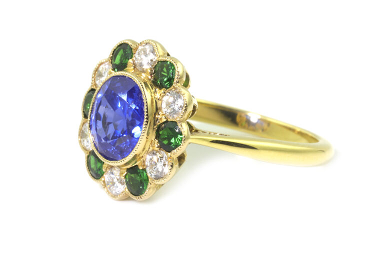 Blue Sapphire, Tsavorite Garnet & Diamond Cluster Ring 18ct gold Size M