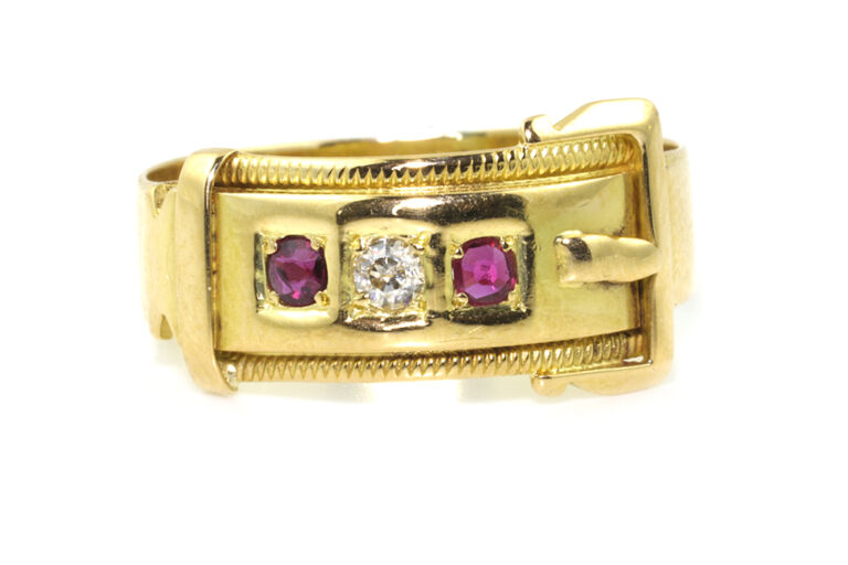 Ruby & Diamond Buckle Style Ring 18ct gold Size P