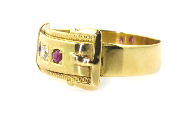 Ruby & Diamond Buckle Style Ring 18ct gold Size P