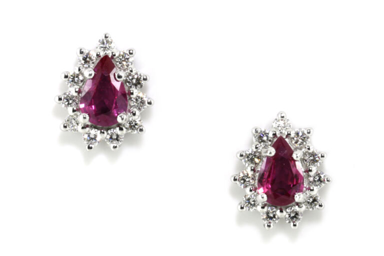 Ruby & Diamond Pear Shape Cluster Earrings 18ct white gold