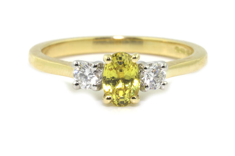 Yellow Sapphire & Diamond 3 Stone Ring 18ct gold & platinum Size N