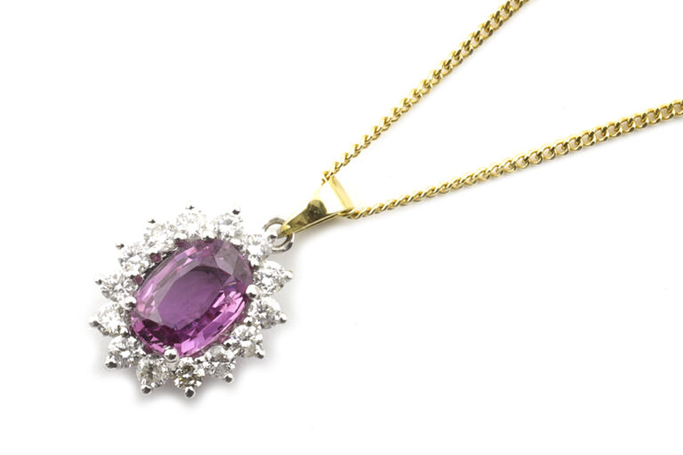 Pink Sapphire & Diamond Cluster Pendant & Chain 18ct gold