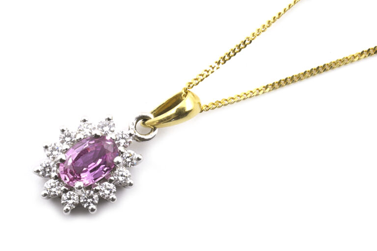 Pink Sapphire & Diamond Cluster Pendant & Chain 18ct gold