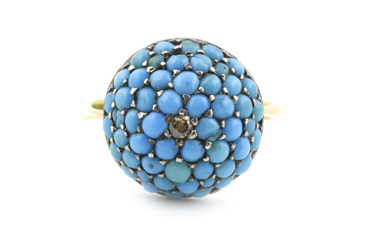 Antique Turquoise & Diamond Bombe Ring 18ct gold Size N