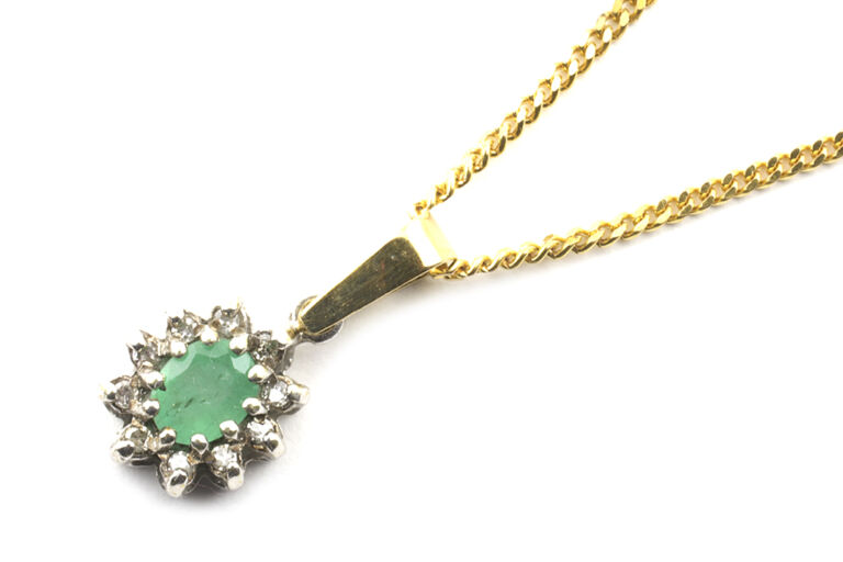 Emerald & Diamond Cluster Pendant & Chain 9ct gold