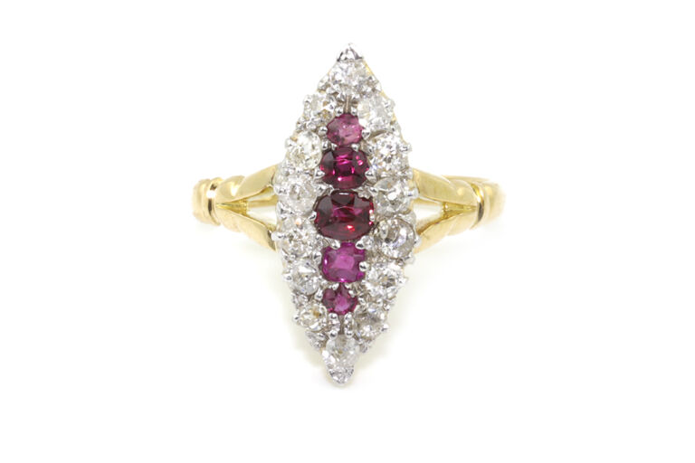Antique Marquise Shape Ruby & Diamond Cluster Ring 18ct gold Size O