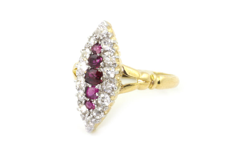Antique Marquise Shape Ruby & Diamond Cluster Ring 18ct gold Size O