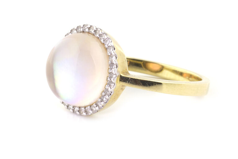 Mother-of-Pearl Doublet & Diamond Cluster Ring 9ct gold Size O
