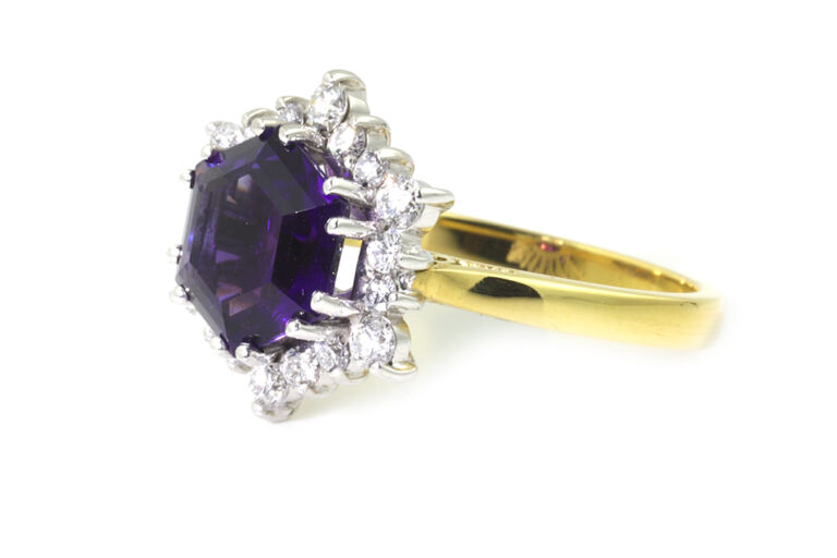 Amethyst & Diamond Cluster Ring 18ct gold Size M