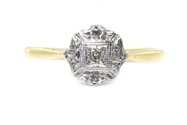 Edwardian Diamond 5 Stone Cluster Ring 9ct gold & platinum Size M