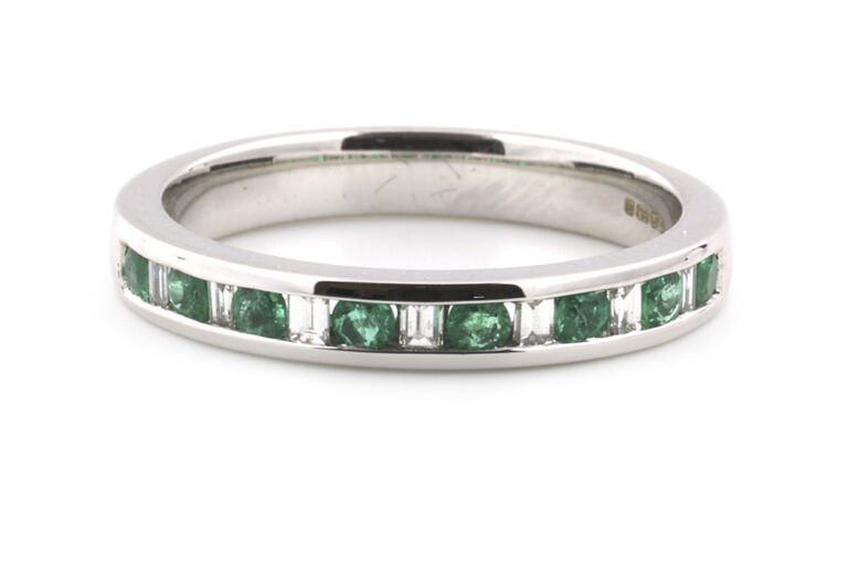 Emerald & Diamond Half Eternity Ring 18ct white gold Size M