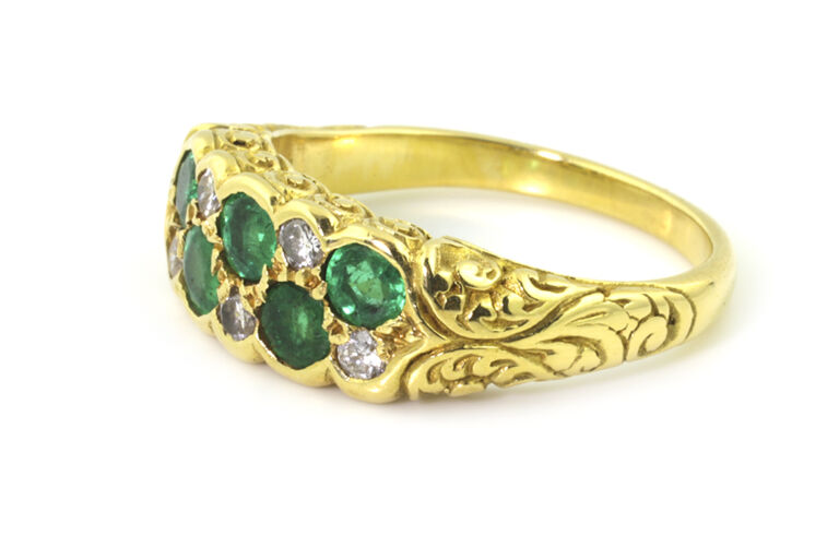 Emerald & Diamond 2 Row Band Ring 18ct gold Size K