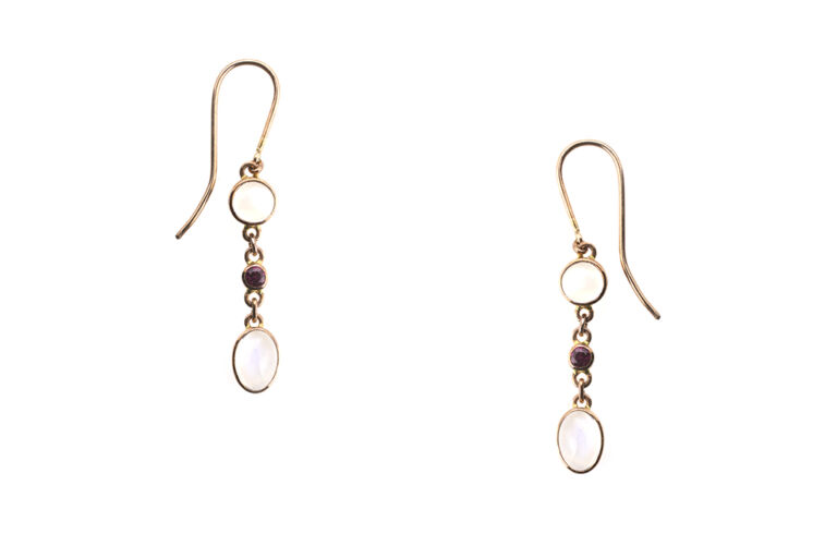 Ruby & Moonstone Drop Earrings 9ct rose gold.