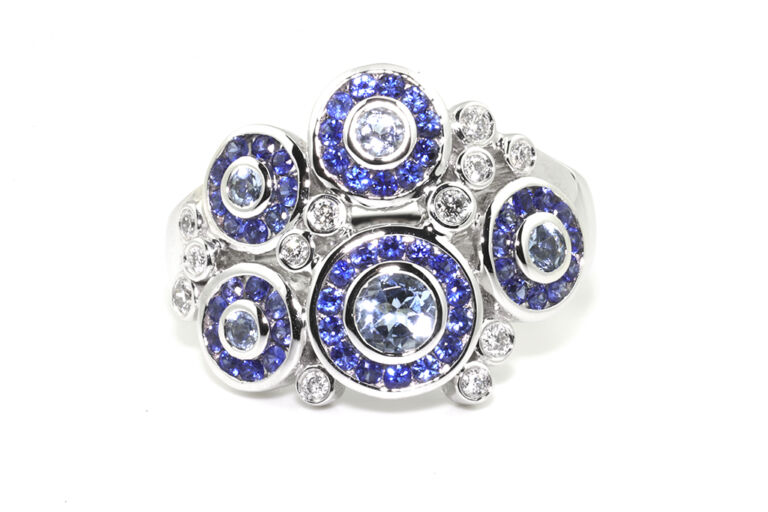Aquamarine, Blue Sapphire & Diamond Multi-Cluster Ring 18ct white gold Size M
