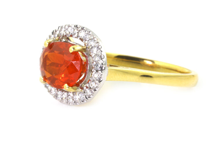 Fire Opal & Diamond Cluster Ring 18ct gold Size P