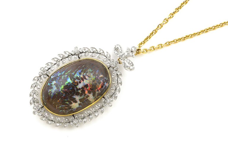 Antique Opal Matrix & Diamond Pendant & Chain