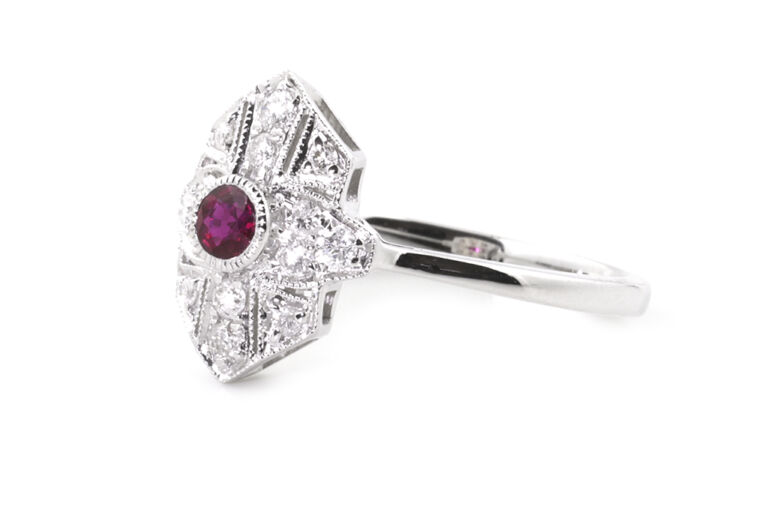 Edwardian Style Ruby & Diamond Cluster Ring18ct white gold Size N