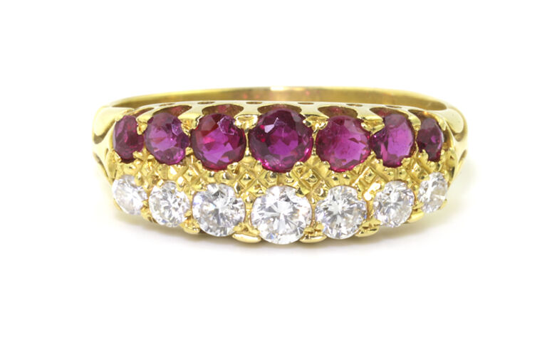 Ruby & Diamond 2 Row Band Ring 18ct gold Size M
