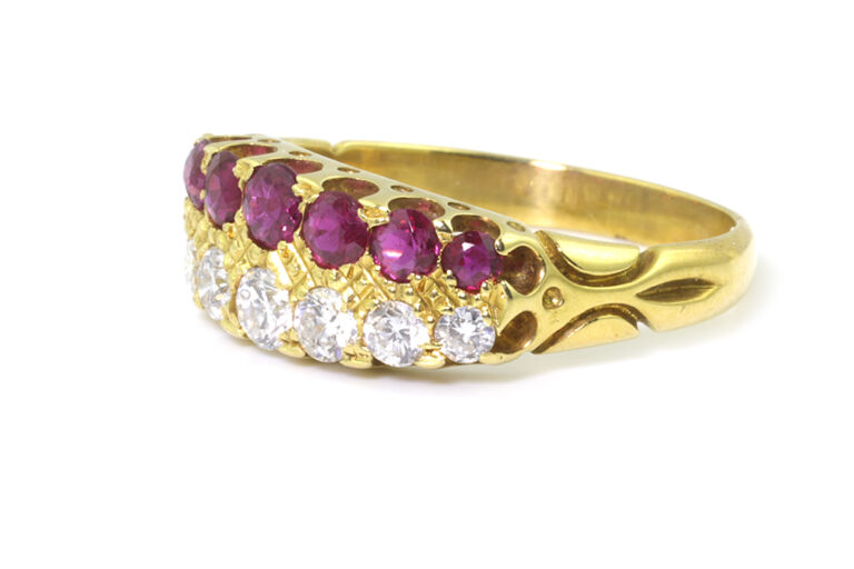 Ruby & Diamond 2 Row Band Ring 18ct gold Size M