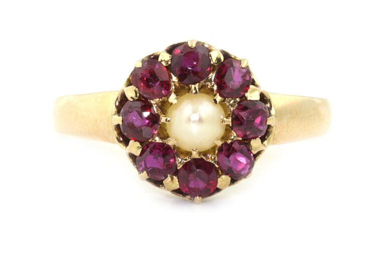 Antique Ruby & Pearl Cluster Ring 15ct gold Size Q
