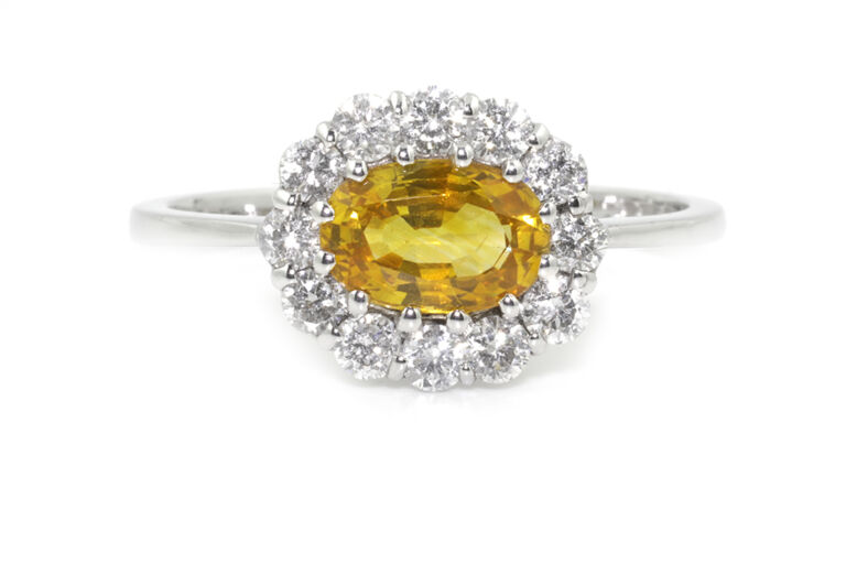 Yellow Sapphire & Diamond Cluster Ring 18ct white gold Size S