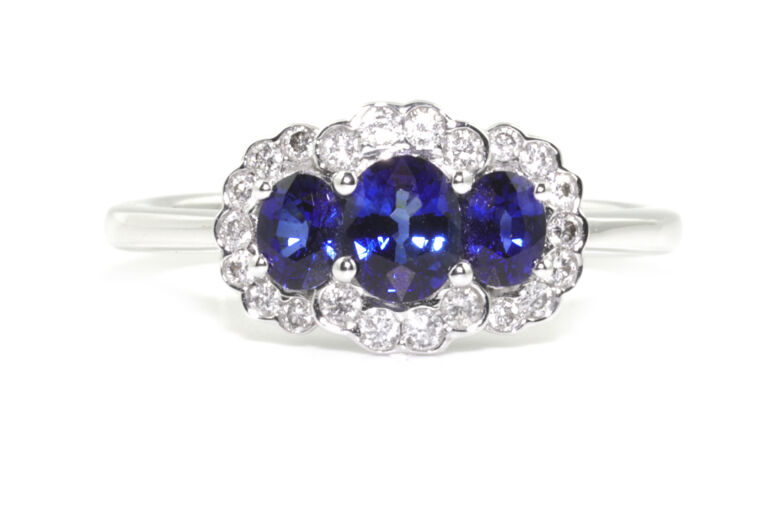 Blue Sapphire & Diamond Triple Cluster Ring 18ct white gold Size M