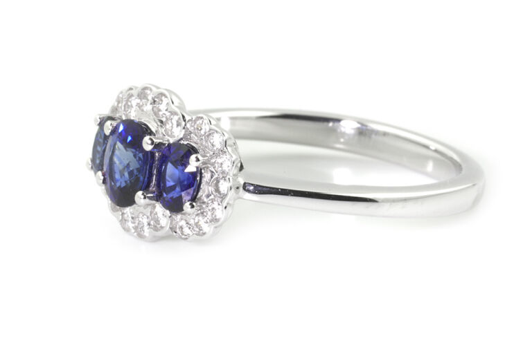 Blue Sapphire & Diamond Triple Cluster Ring 18ct white gold Size M