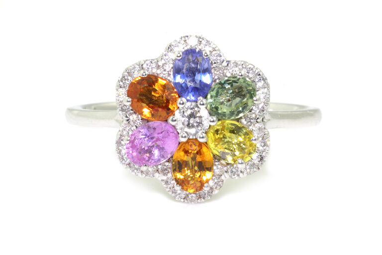 Multi-Colour Sapphire Cluster Ring 18ct white gold Size N