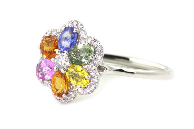 Multi-Colour Sapphire Cluster Ring 18ct white gold Size N