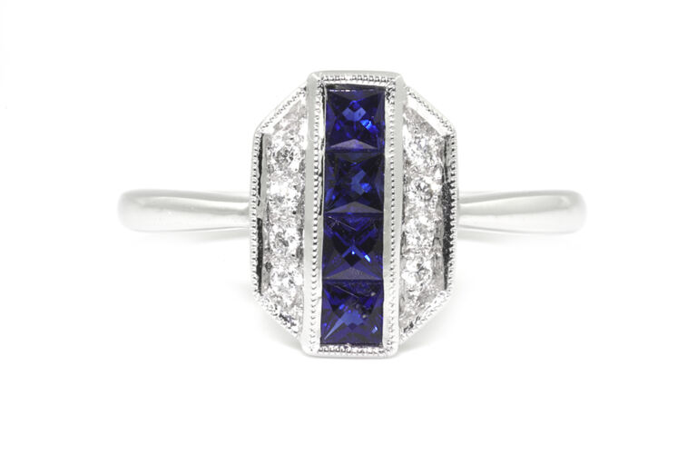 Art Deco Style Blue Sapphire & Diamond Cluster Ring 14ct white gold Size L