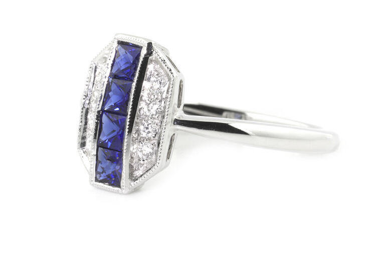 Art Deco Style Blue Sapphire & Diamond Cluster Ring 14ct white gold Size L