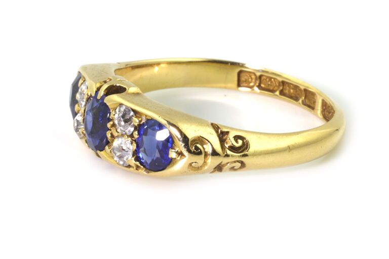 Antique Blue Sapphire & Diamond Band Ring 18ct gold Size J