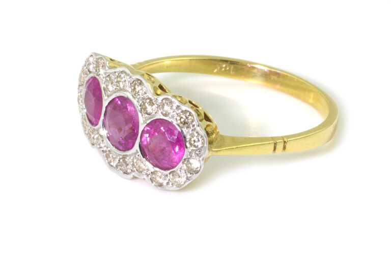 Pink Sapphire & Diamond Triple Cluster Ring 18ct gold Size M