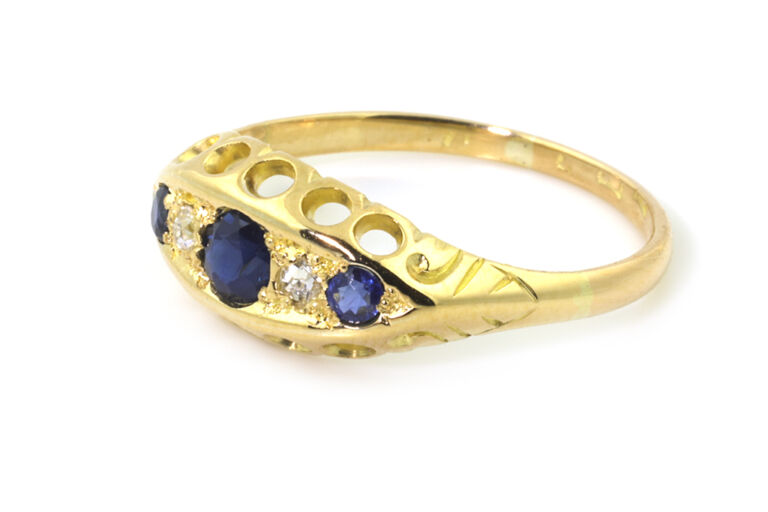 Antique Blue Sapphire & Diamond 5 Stone Ring 18ct gold Size O
