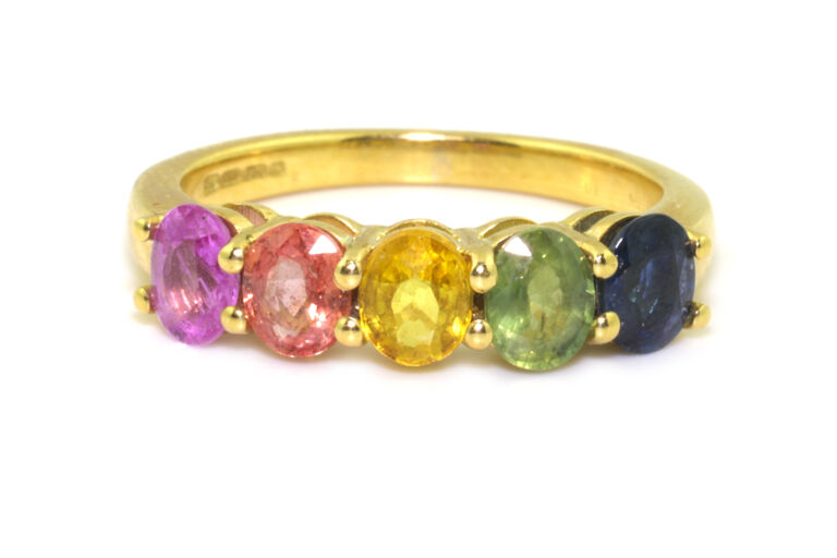 Multi-colour Sapphire 5 Stone Band Ring 18ct gold Size L