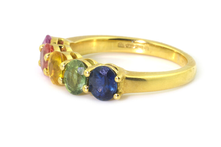 Multi-colour Sapphire 5 Stone Band Ring 18ct gold Size L