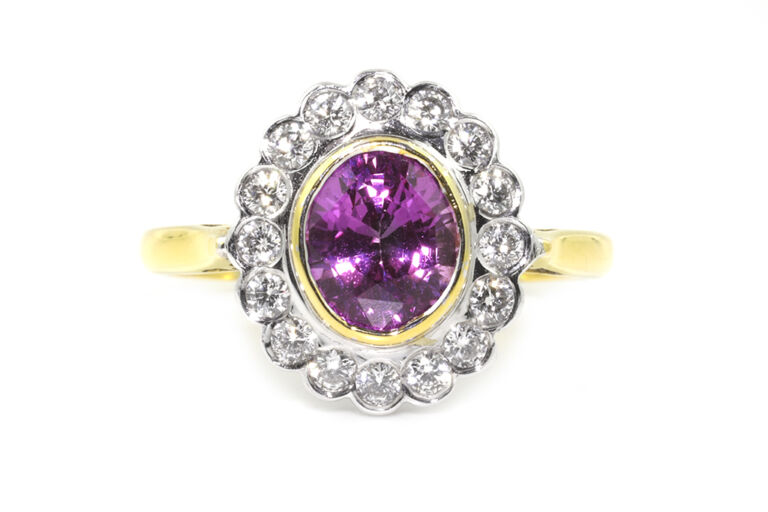 Pink Sapphire & Diamond Cluster Ring 18ct gold Size M