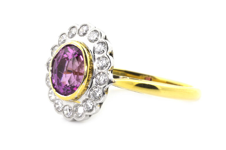 Pink Sapphire & Diamond Cluster Ring 18ct gold Size M