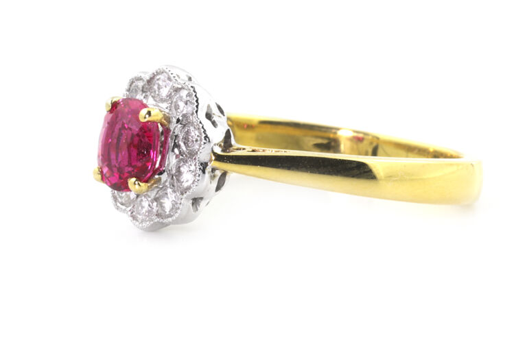 Natural Red Spinel & Diamond Cluster ring 18ct gold Size N