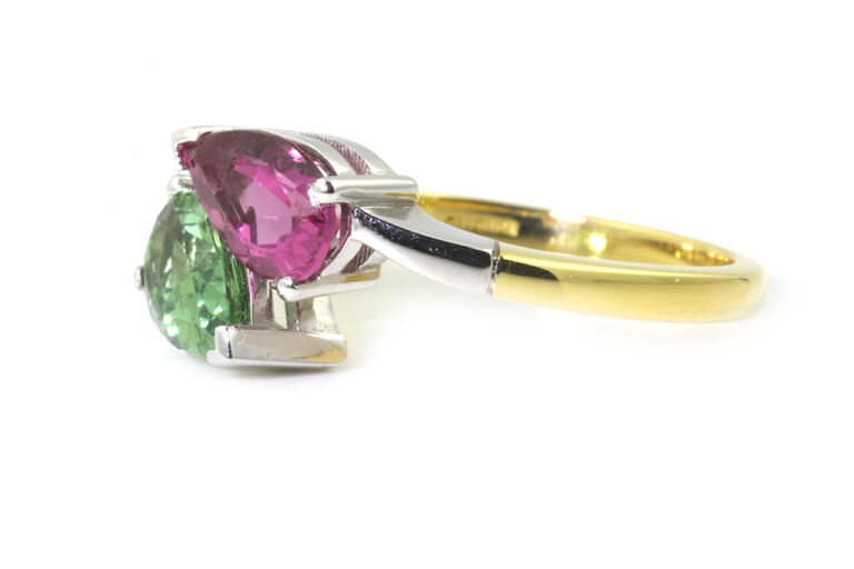 Brazilian Pink & Green Tourmaline 2 Stone Ring 18ct gold Size N