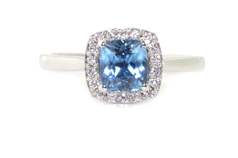 Blue Zircon & Diamond Cluster Ring 18ct white gold Size O