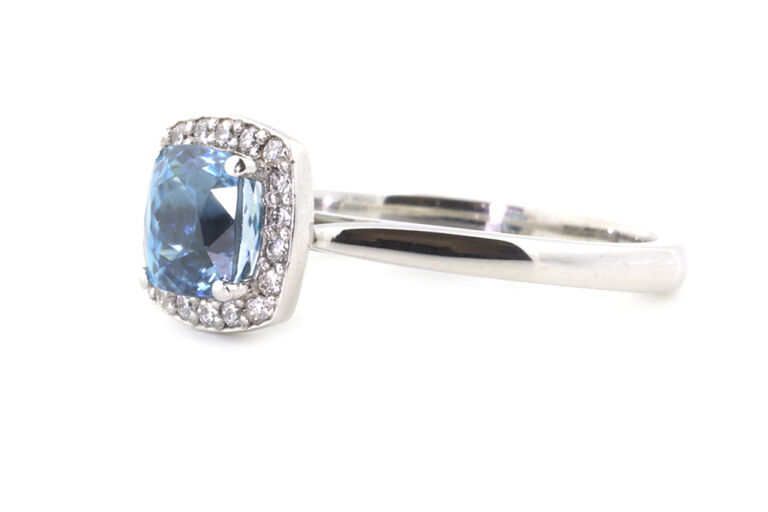 Blue Zircon & Diamond Cluster Ring 18ct white gold Size O